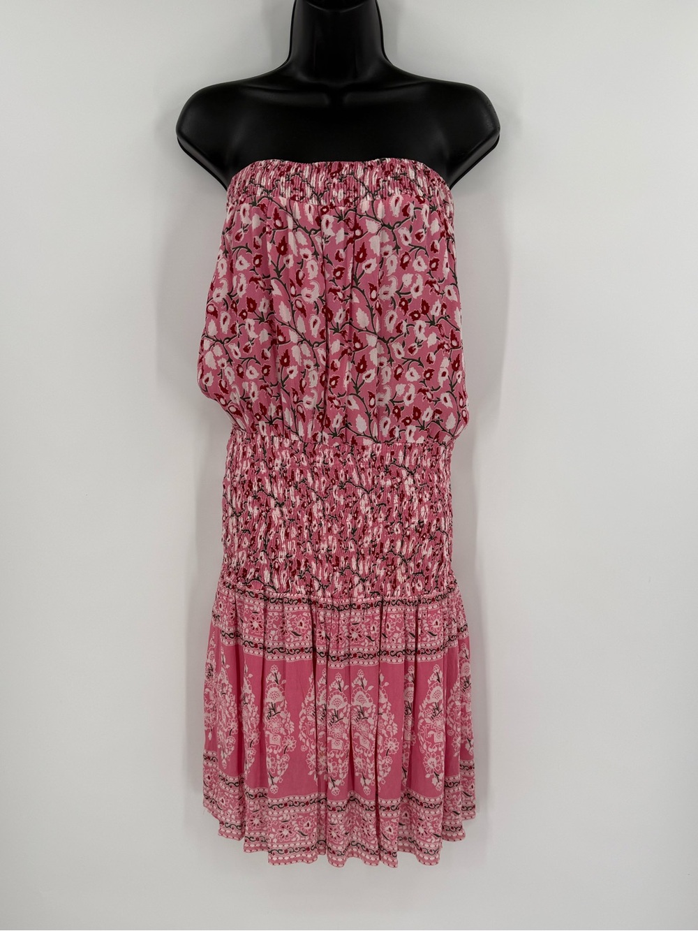 Muche & Muchette Strapless Smocked Floral Boho Dress | Pink | One Size